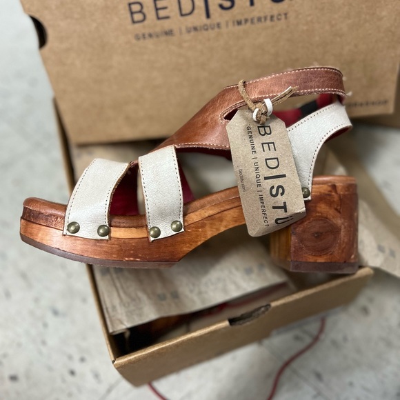 Bed Stu Devlin Platform Sandals Nectar Lux Rustic Wood & Leather Heels - Picture 7 of 9